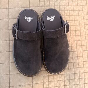 Dr. Martens women’s Black Suede Slip-On Clogs with Buckle Strap